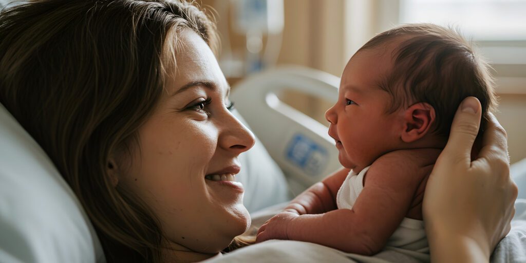 Mother bonding with her newborn after a safe delivery